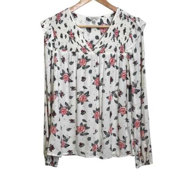 Lucky Brand Size Small Rose Print Smocked Ruffle Pullover Split Neck Blouse - Picture 1 of 8